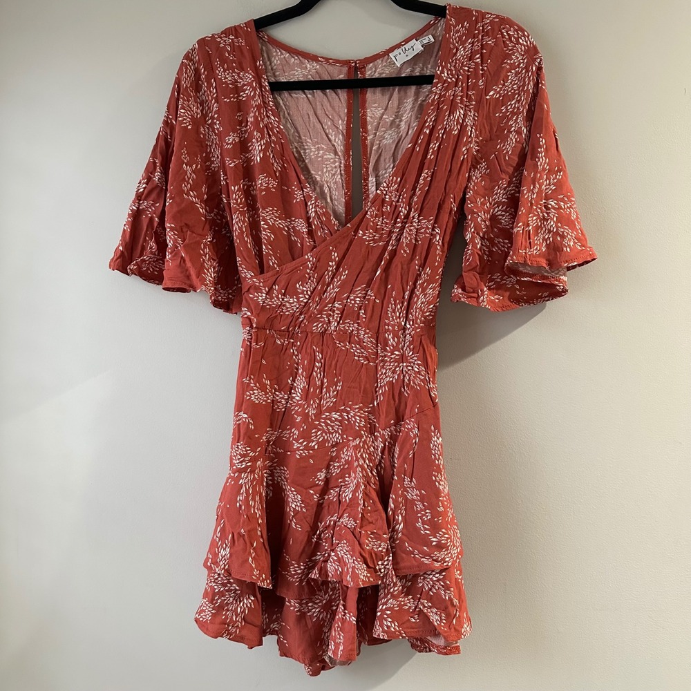 Princess Polly Romper Womens 4 Rust Orange White Wheat Print Ruffles Boho